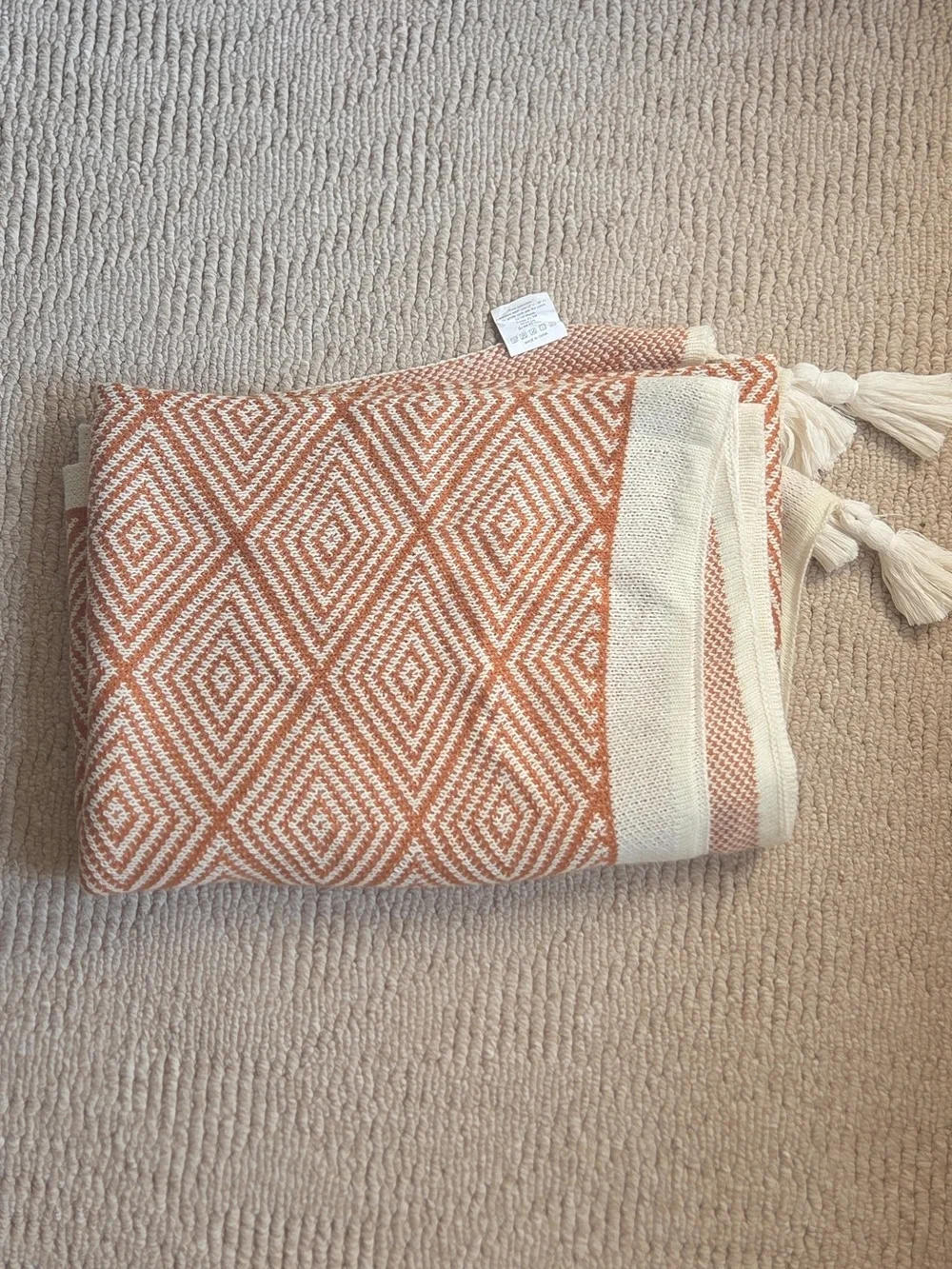 Geometric Burnt Orange and Cream Throw Blanket with Tassels